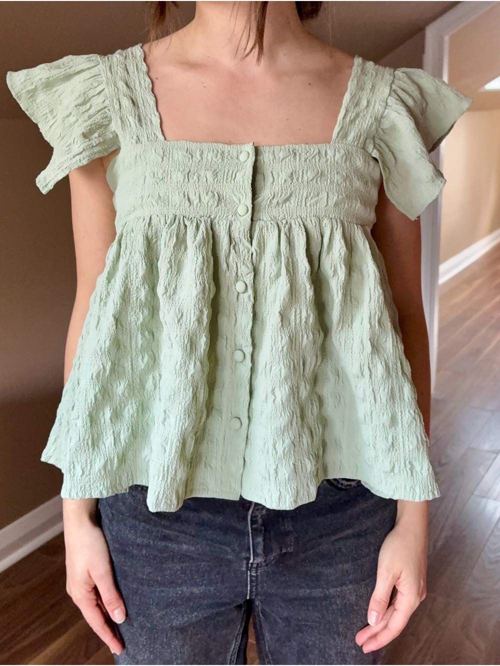 ASOS Mint Textured Square-Neck Baby Doll Top